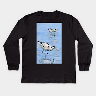 Avocets in collage and watercolour Kids Long Sleeve T-Shirt